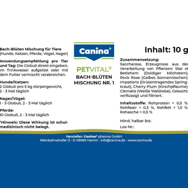 Canina Beruhigungsmittel Katze|Beruhigungsmittel Hund-Petvital Bachblüten Nr.1 Globuli vet. (für Tiere), 10 g